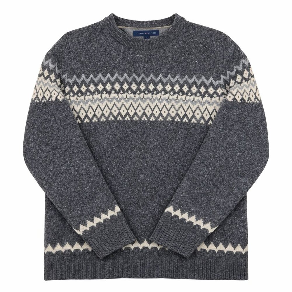 Tommy Hilfiger Mens Medium Luxury Blend Fair Isle Gray Wool Blend Ski Sweater